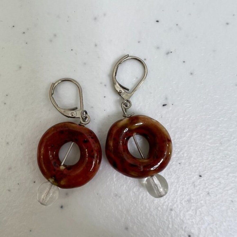 Red Clay Earrings Beaded Dangle‎ Ceramic Round Shiny Clear Silver Tone Boho